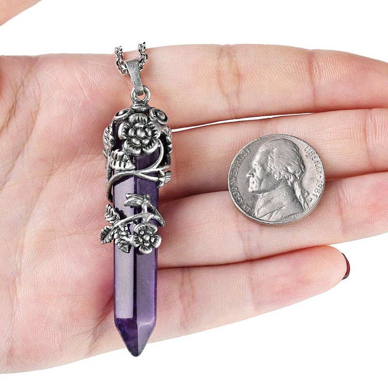 Top Plaza Antique Silver Flower Wrapped Natural Amethyst Healing Crystal Necklace - Image 4